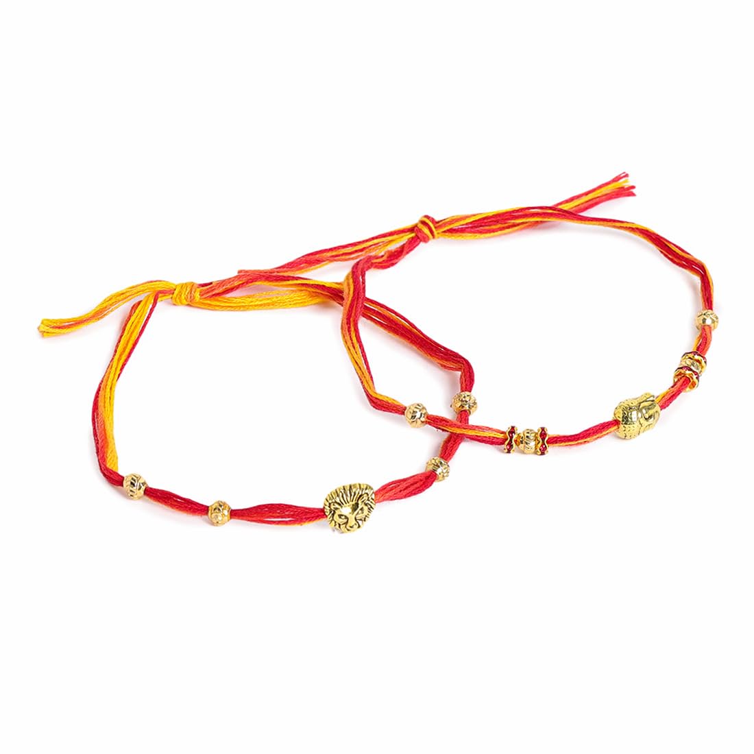 El Regalo 2PCs Red & Yellow Moli Thread Rakhi Combo Set for Brother- Auspicious OM, Ganesha, Satiya, Lion etc. Mauli Rakhi with Roli Chawal Shagun, Message Card in Rakhi Gift Box (Option-3)