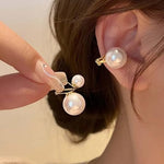 El Regalo Gold Plated Double Pearl Clip On Earrings for Women | Non Pierced Front Back Ear Cuffs | Vintage Geometric Dangle Ear Clips | Elegant Party Jewelry for Girls & Women