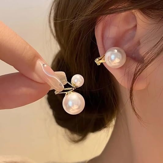 El Regalo Gold Plated Double Pearl Clip On Earrings for Women | Non Pierced Front Back Ear Cuffs | Vintage Geometric Dangle Ear Clips | Elegant Party Jewelry for Girls & Women