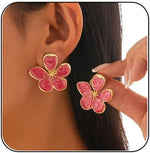 El Regalo Enameled Flower Stud Earrings for Women- Trendy Statement Big Flower Earrings (Magenta Red)