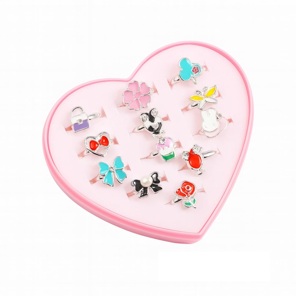 El Regalo 12 Pcs Cute Adjustable Rings Set for Kids/Girls/Women - Colorful Cartoon Enamel Finger Rings | Adjustable Cute Jewelry Gift Box - Butterfly, Flower, Bow, Heart, Cherry Designs (Style-1)
