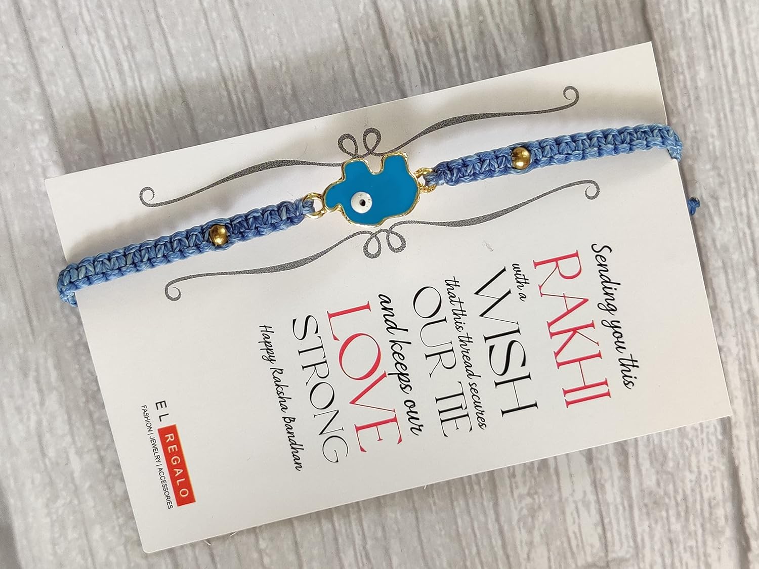 El Regalo 1PC Elephant Evil Eye Rakhi for Brother with & Message Card in Gift Box- Rakhi for Brother/Bhabhi/Niece or Nephew (Light Blue Elephant)