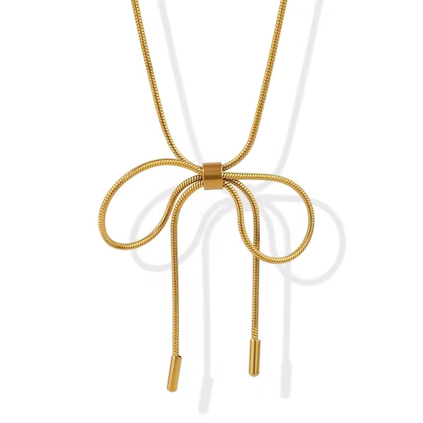 El Regalo Stainless Steel Bow Tie Pearl Necklace- Anti Tarnish, Waterproof, Minimalist, Statement Bow Choker Ribbon Necklace for Girls & Women (Golden Bow Snake)