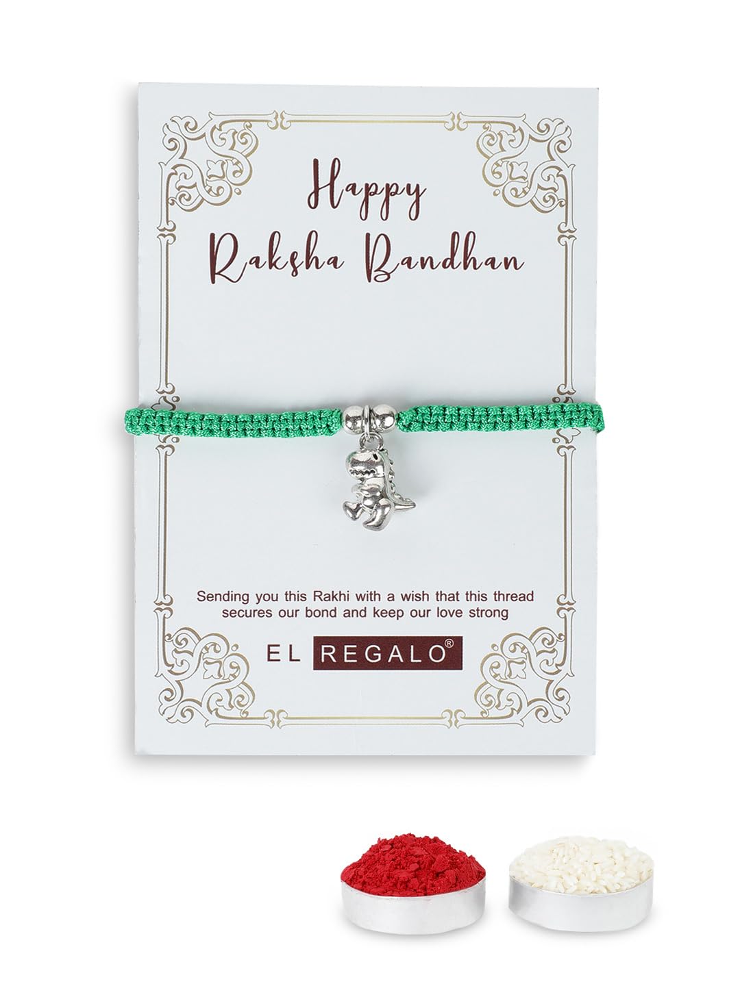 El Regalo Cute Rakhi for Brother- Fancy Tyrannosaurus Dinosaur Bracelet Rakhi for Bhai with Roli Chawal, Rakhi Message Card in Rakhi Gift Box (Green)