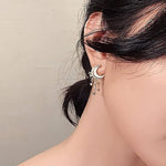 El Regalo Golden Moon, Pearl, Cat, Flower, Wings Dangle Earrings For Girls & Women- Temperament Pearl Cherry Cat Rhinestone Earring Girl Party Jewelry Gift (Moon Star Tassel Earrings)