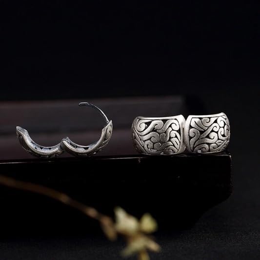 El Regalo 925 Silver Plated Hollow Filigree Hoop Earrings for Women - Vintage Oriental Carved Huggie Hoops, Retro Ethnic Jewelry