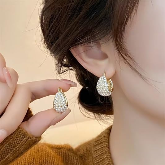 El Regalo Gorgeous U-Shaped Basket Pearls Crystal Earrings- Elegant 14K Gold Plated CZ & Pearls Hoop Party Earrings for Women