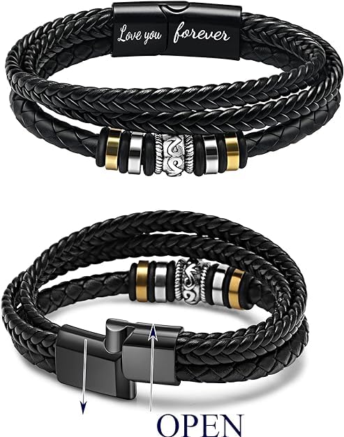 El Regalo Stainless Steel Men Leather Bracelet Love You Forever with Magnetic Clasp- Handmade Braided Rope Bracelet with Hypoallergenic Magnetic Clasp