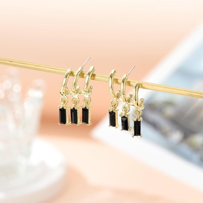 El Regalo Women's & Girl's Western Triple Ear Crawler Earrings- Triple Dangling Baguette Stone Earring- Exquisite Zircon Multilayer Earrings (Golden Black)