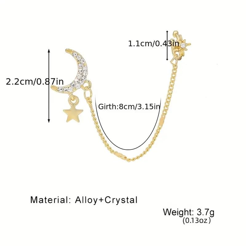 El Regalo 1 Pair CZ Moon Star Chain Cuff, Ear Clips, Ear Wraps Earrings- Crystal Crescent, Northstar Stud Earrings for Women/Girls
