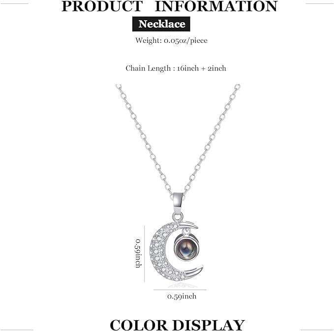 El Regalo Crescent Moon Projection Necklace for Girls & Women- I Love You Necklace 100 Languages for Women Girls Crescent Moon Necklace Romantic Jewelry Gift (Silver)