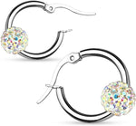 El Regalo Stainless Steel Hoop Earrings with Crystal Balls- Colored Crystal Ball 316L Surgical Steel Hoop Earrings- Crystal Baali for Girls & Women (White)