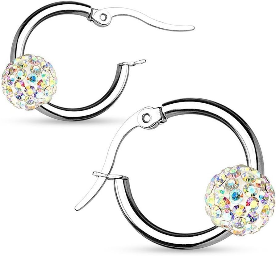 El Regalo Stainless Steel Hoop Earrings with Crystal Balls- Colored Crystal Ball 316L Surgical Steel Hoop Earrings- Crystal Baali for Girls & Women (White)