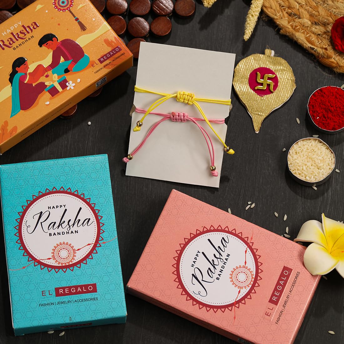 El Regalo 2PCs Cute Kids Bracelet Rakhi Combo Sets- Fancy Kids Rakhi for Brother/Sister with Roli Chwal, Rakhi Message Card in Rakhi Box for Babies/Toddlers/Kids (Rainbow & Smiley Rakhi)