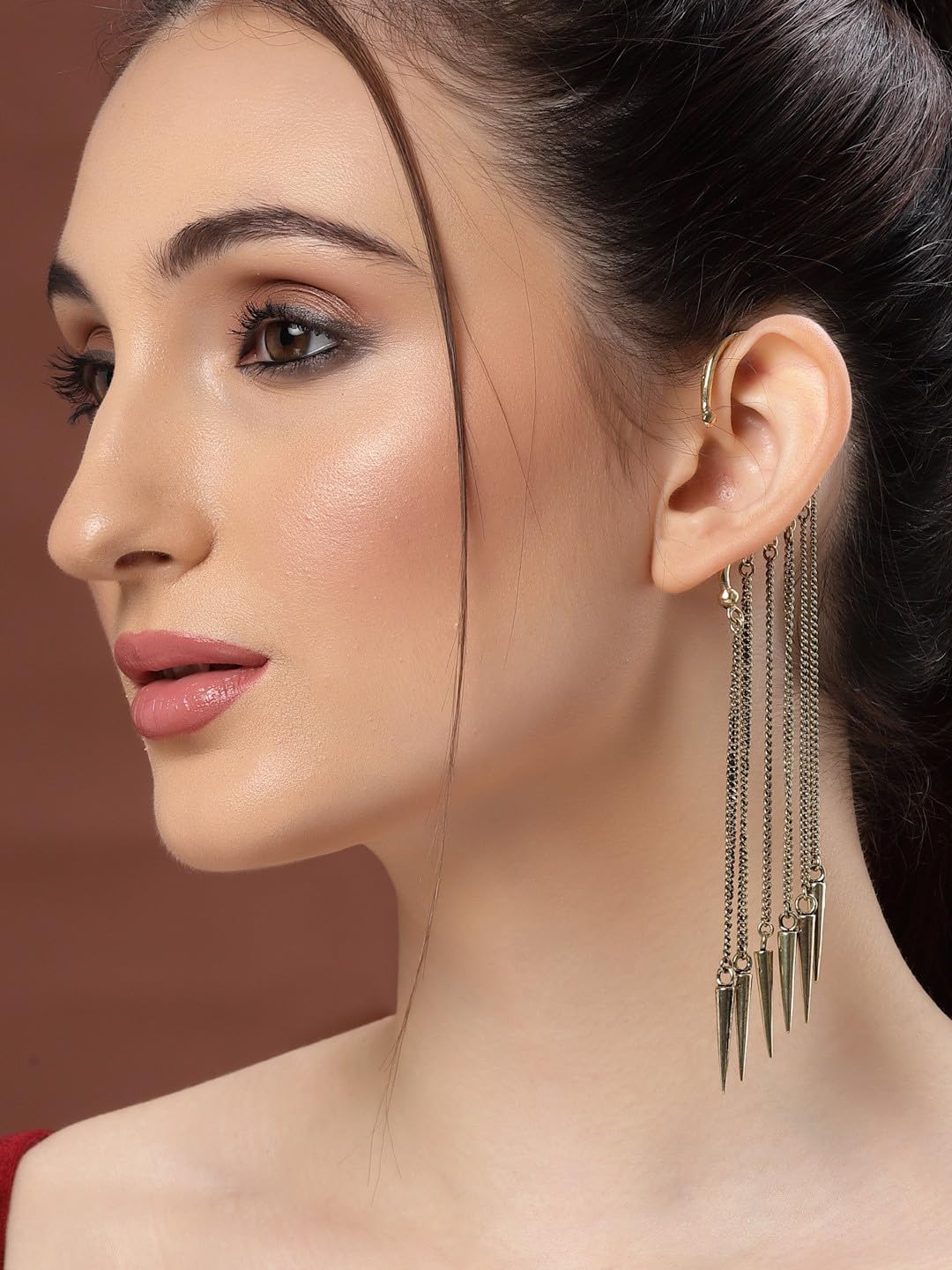 El Regalo Long Tassel Elf Ear Cuff Earrings for Women - Non Piercing Crawler Ear Wrap Bollywood Chandelier Dangle Earrings - Fairy Star & Spike Ear Clips (Spikes Tassel)