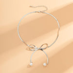 El Regalo Stainless Steel Bow Tie Pearl Necklace- Anti Tarnish, Waterproof, Minimalist, Statement Bow Choker Ribbon Necklace for Girls & Women (Bow Tie Pearl Tassel)