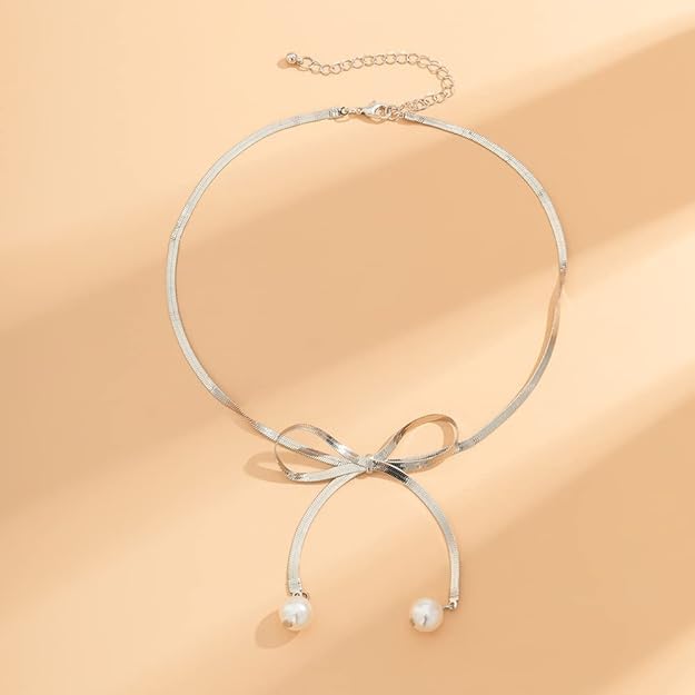 El Regalo Stainless Steel Bow Tie Pearl Necklace- Anti Tarnish, Waterproof, Minimalist, Statement Bow Choker Ribbon Necklace for Girls & Women (Bow Tie Pearl Tassel)