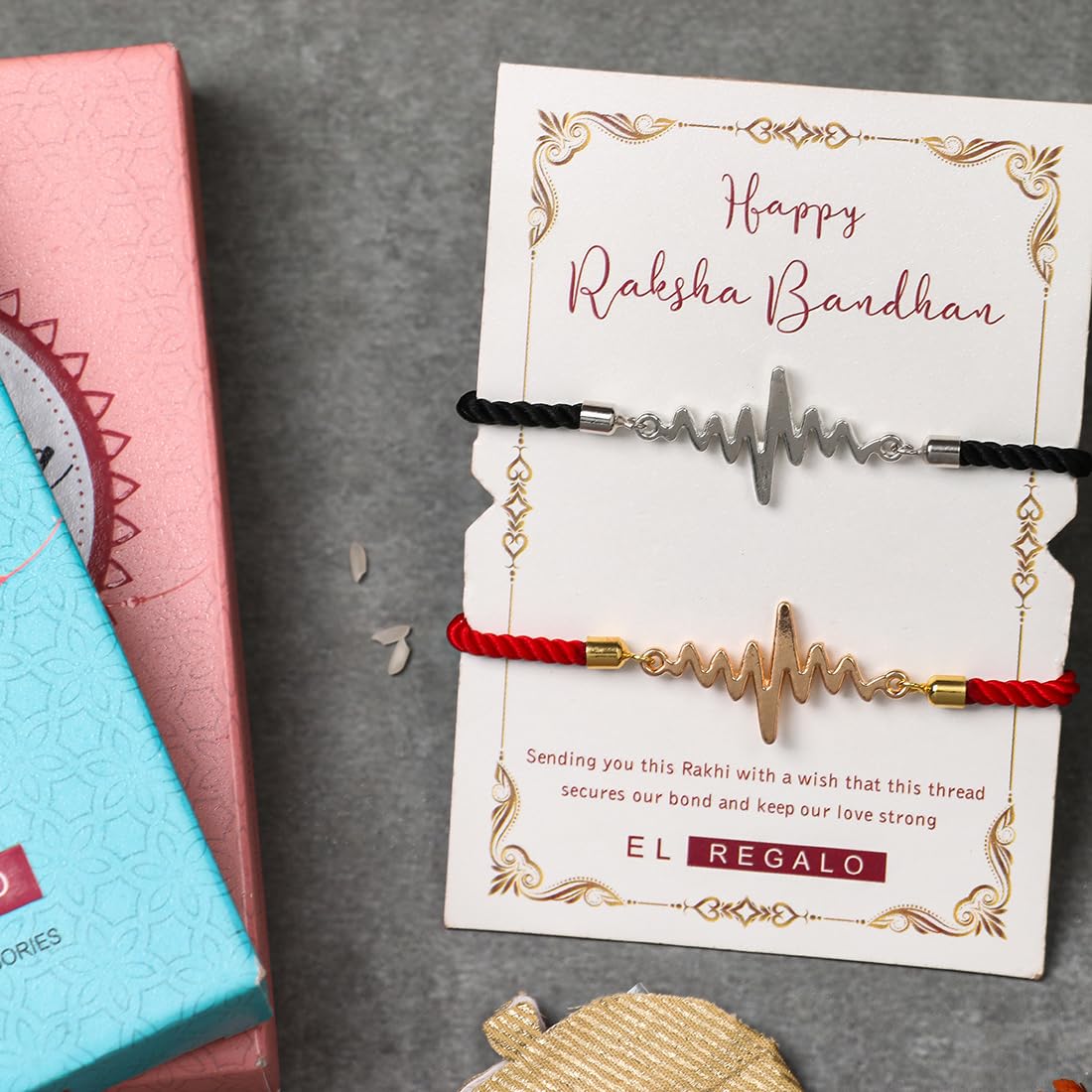 El Regalo Unisex Adult 2Pcs Heart Beat Rakhis Combo For Bhaiya/Bhabhi- Designer & Meaningful Rakhi Set With Roli Chawal, Rakhi Message Card In Rakhi Gift Box For Brother/Sister-In-Law