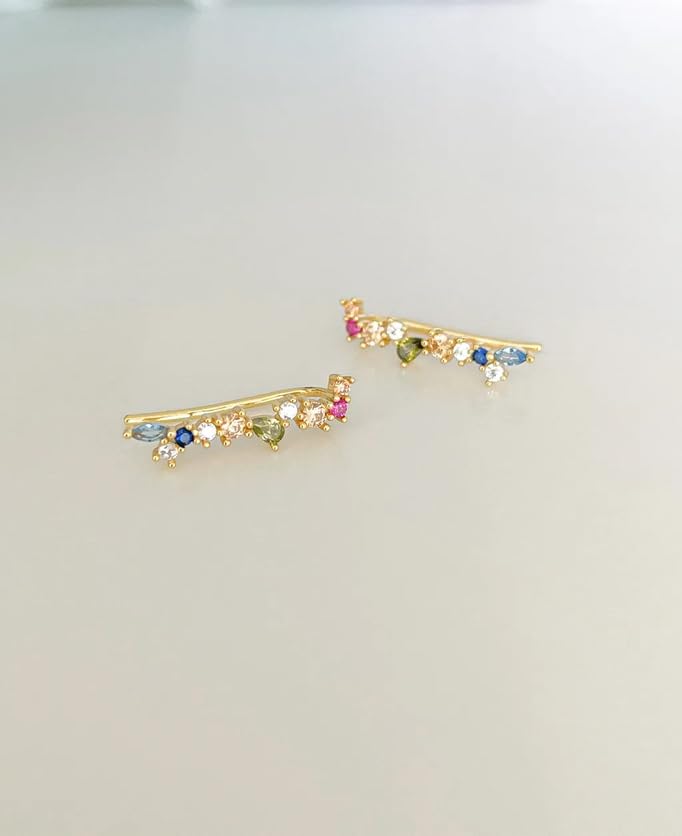 El Regalo Elegant Multi-Colour Crystal Crawler Earrings for Women & Girls- Gold Plated Curve Ear Line Climber Earrings