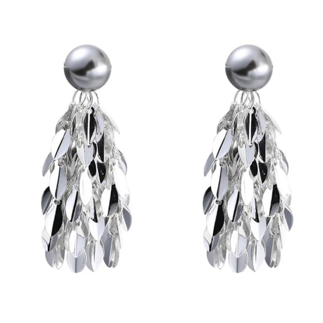 El Regalo Women's & Girl's Elegant Grey Iridescent Pearl Fringe Earrings - 2 Ways Wheat Fringed Ear Jacket Earrings, Lightweight, Versatile Design for Sophisticated Style