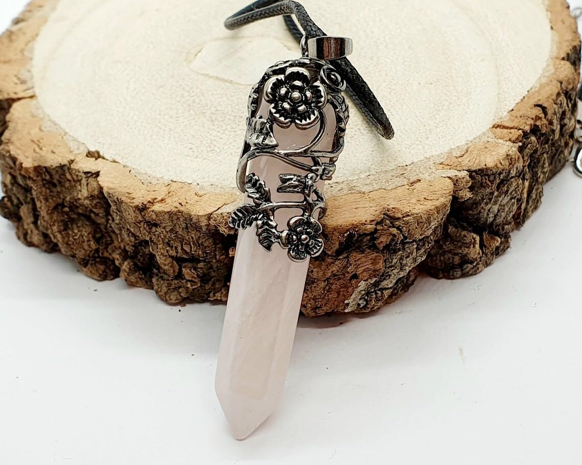 El Regalo 1PC Flower Wrapped Hexagonal Healing Natural Stones Point Pendant Unisex Necklace- Natural Stones Reiki Healing Crystals Necklace in Antique Silver Finish (Pink-Rose Quartz-Cord)
