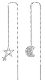 El Regalo 925 Silver Plated Minimalist Long Thin Linear CZ Elegant Threader Dangle Chain Earrings for Girls & Women (Moon Sun Threaders)