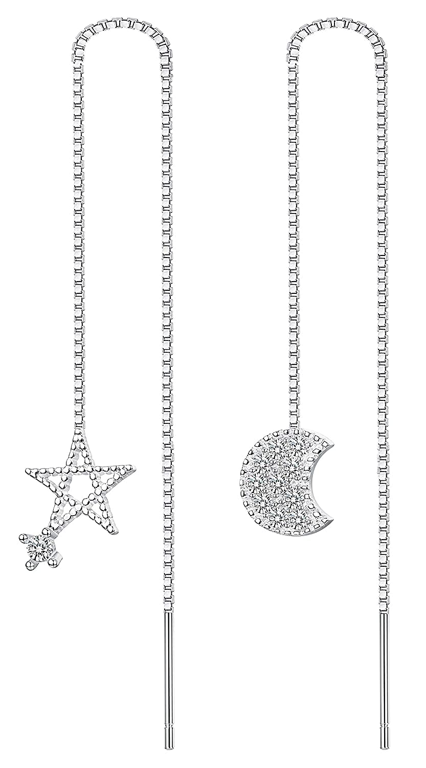 El Regalo 925 Silver Plated Minimalist Long Thin Linear CZ Elegant Threader Dangle Chain Earrings for Girls & Women (Moon Sun Threaders)