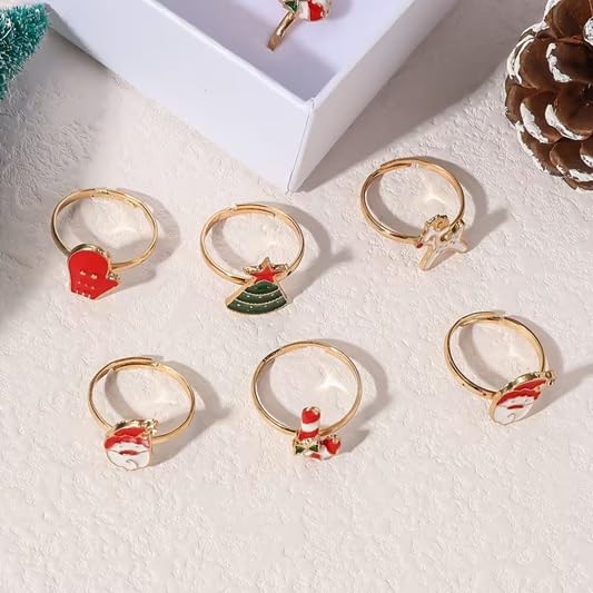 El Regalo 12 Pcs Christmas Adjustable Rings Set for Kids/Girls/Teens/Women | Cute Xmas Party Favour Rings with Heart Gift Box | Santa, Reindeer, Christmas Tree, Snowman, Candy Cane, Wreath Designs
