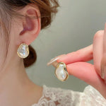 El Regalo Womens Classic Baroque Faux Pearl Stud Earrings - Elegant French Vintage Style, Irregular Geometric Abstract Golden Pearl