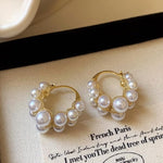 El Regalo Retro Elegant Double Row Imitation Pearl Oval Hoop Earrings for Women - Fashion Pearl Double Layer Ear Buckle Hoops