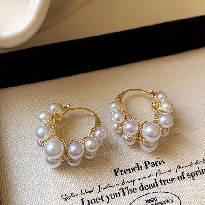 El Regalo Retro Elegant Double Row Imitation Pearl Oval Hoop Earrings for Women - Fashion Pearl Double Layer Ear Buckle Hoops