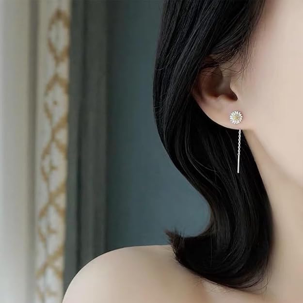 El Regalo Minimalist Flower Threader Earrings for Women & Girls | Cute Tiny Floral Chain Drop Earrings | Modern Style Dainty Long Tassel Earrings (Daisy Silver)