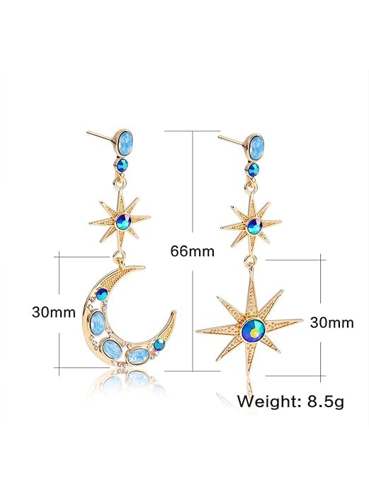 El Regalo Bohemian Moon Star Asymmetric Tassel Earrings- Crystal Moon & Sun Drop Earrings Long Retro Exquisite Punk Style Jewellery for Women Girls