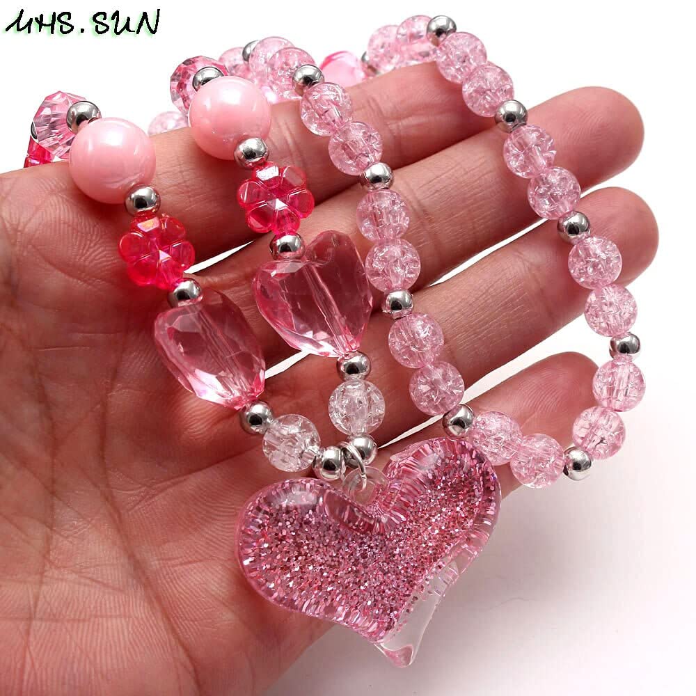 El Regalo Girls Kids Glittery Pink Heart Beads Princess Necklace & Bracelet Jewelry Sets- Acrylic Heart Beads Princess Necklace Bracelet Jewelry Set for Toddlers Girls Kids