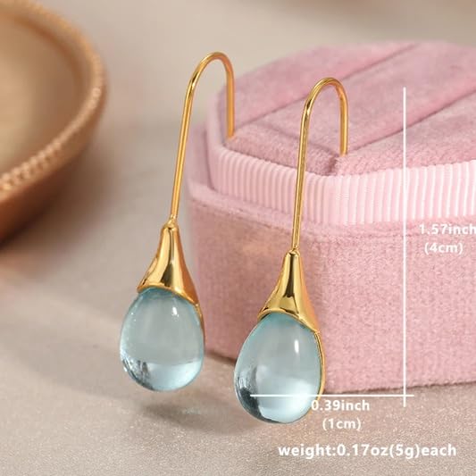 El Regalo Beverly Mint Designs Minimalist Teardrop Drop Earrings for Women & Girls - Classy Pastel Glass Stone Dangle Hooks for Western & Indo-Western Outfits (Aquamarine)