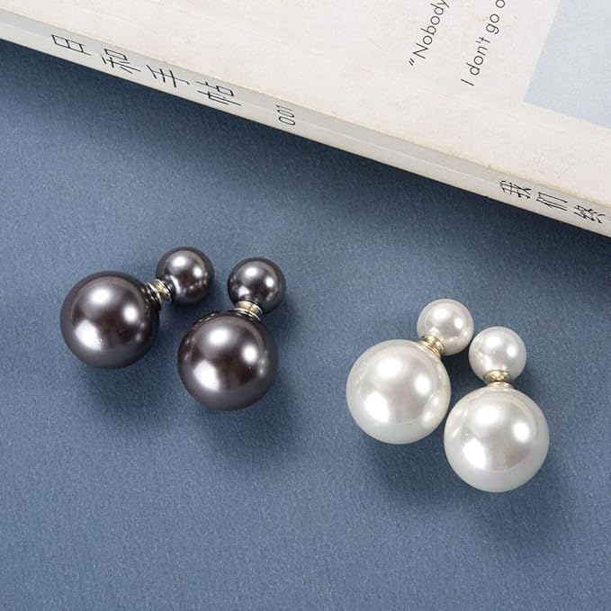 El Regalo 2 Pairs Pearls Earrings- Front & Back Double Sided Small & Big Simulated Pearl (White & Grey) Stud Earrings for Girls & Women