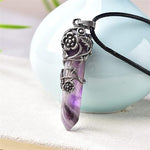 El Regalo 1PC Flower Wrapped Hexagonal Healing Natural Stones Point Pendant Unisex Necklace- Natural Stones Reiki Healing Crystals Necklace in Antique Silver Finish (Purple- Amethyst-Cord)