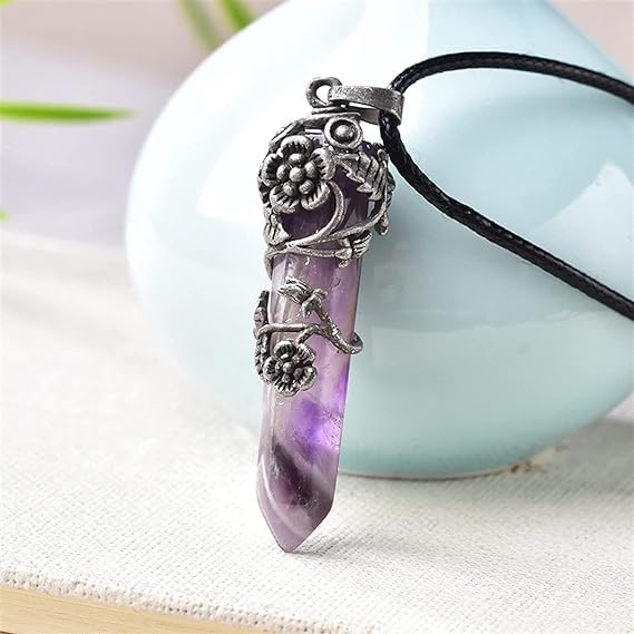 El Regalo 1PC Flower Wrapped Hexagonal Healing Natural Stones Point Pendant Unisex Necklace- Natural Stones Reiki Healing Crystals Necklace in Antique Silver Finish (Purple- Amethyst-Cord)