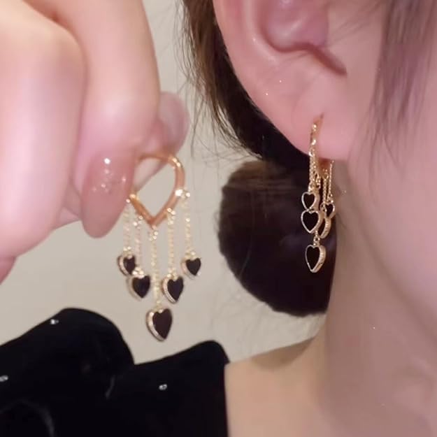 El Regalo Love Hearts Tassel Hoop Earrings for Women/Girls- Heart Huggie Hoop Chains Earrings (Gold)