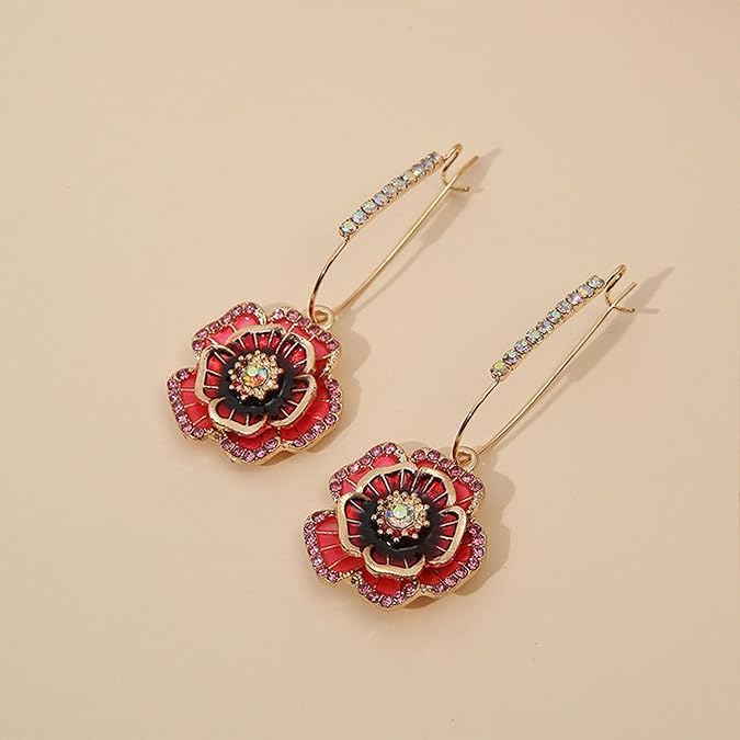 El Regalo Women's & Girl's 1 Pair Iridescent Flower Dangle Earrings - Hypoallergenic Gold-Tone with Mixed Stones Earrings (Red Rose Flower)