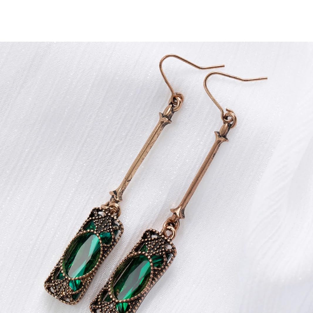 El Regalo Vintage Revival Emerald Green Dangle Earrings for Women- Octagon Simulated Emerald Cubic Zirconia Drop Earrings Wedding Banquets Jewelry