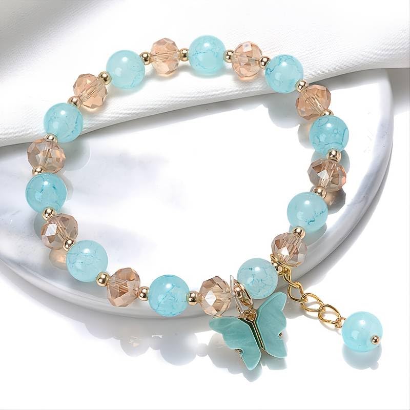El Regalo 1 PC Butterfly Sparkly Crystal Beads Tassel Bracelet With Cute Enamel Butterfly Charms for Girls/Teens/Women (Blue)