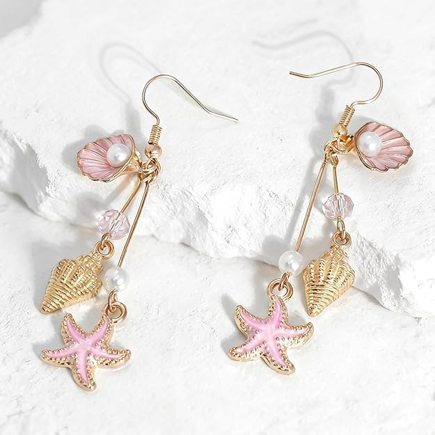 El Regalo Ocean Charm Starfish & Seashell Dangle Earrings for Women & Girls | Gold Plated Beach-Themed Pearl Drop Earrings | Cute & Trendy Jewelry Gift
