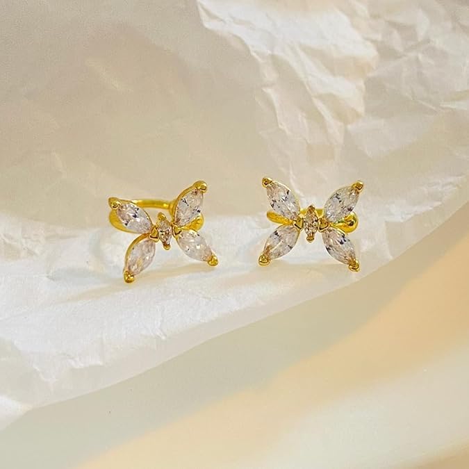 El Regalo Cute CZ Butterfly Ear Cuffs for Non-Pierced Ears - Trendy Non-Piercing Cartilage Cuff Wrap Clip-On Earrings - Rhinestone Fake Earrings for Girls & Women