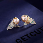 El Regalo Cute Mermaid Tail Pearl Stud Earrings for Women Girls- Cubic Zirconia Hypoallergenic Small Fish Fin Stud Earrings