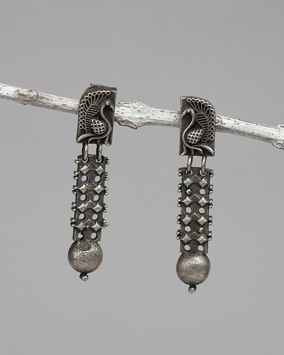 El Regalo Womens Silver Lookalike Brass Oxidised Peacock Studs Earrings- Indo Western Peacock Oxidized Earrings