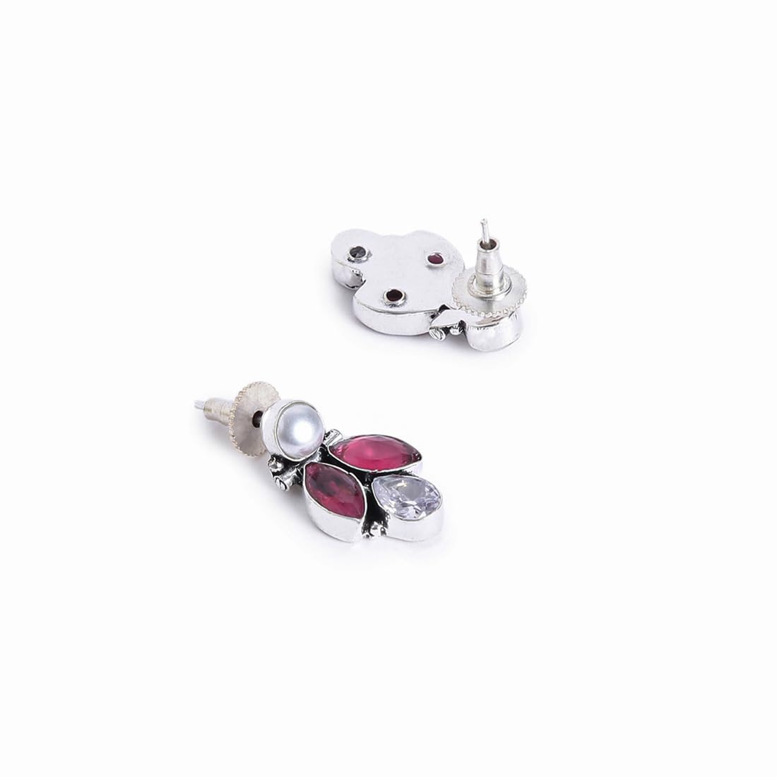 El Regalo 2 Pairs 925 Silver Plated Vintage Stones & Pearls Earrings Combo Set for Women & Girls- Silver Lookalike Statement Pearls Stones Earrings (Option-4)