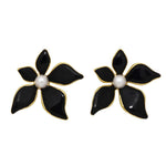 El Regalo 1Pair Stainless Steel Flower Pearl Earrings for Girls & Women | Gold Plated Retro Vintage Floral Enamel Stud Earrings | Anti-Tarnish Hypoallergenic Earrings | Cute & Elegant Studs (Black)