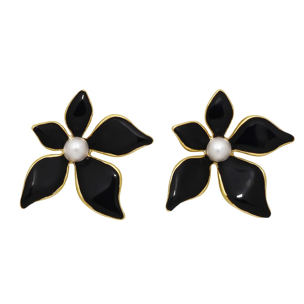 El Regalo 1Pair Stainless Steel Flower Pearl Earrings for Girls & Women | Gold Plated Retro Vintage Floral Enamel Stud Earrings | Anti-Tarnish Hypoallergenic Earrings | Cute & Elegant Studs (Black)