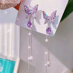 El Regalo Purple Butterfly CZ Pearl Tassel Earrings - Elegant Violet Gemstone Earrings with Delicate Design for Women